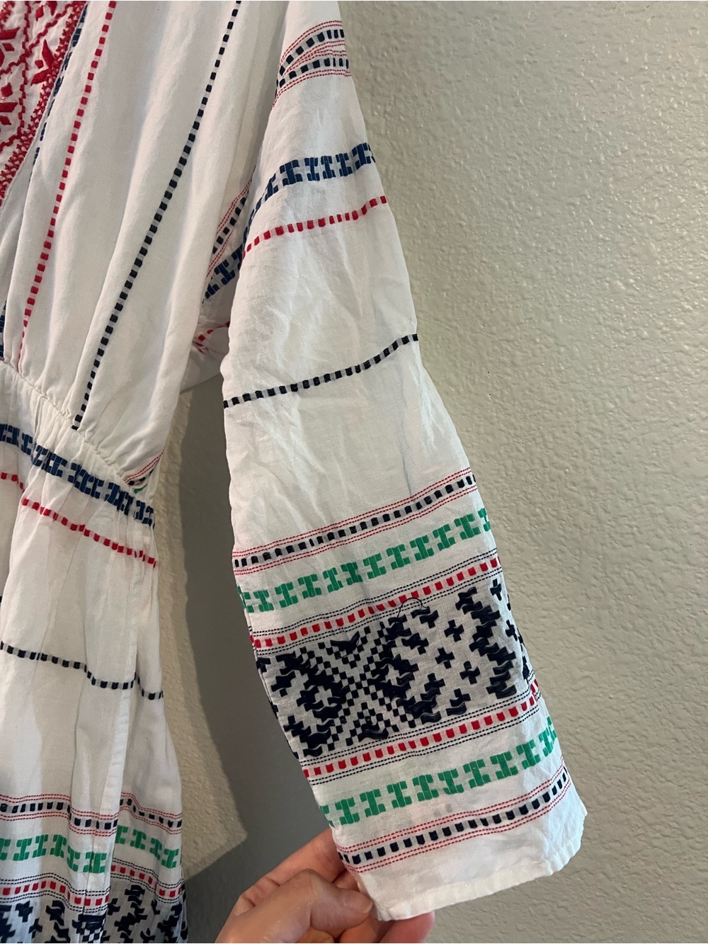 Joie White Embroidered V-Neck Mini Dress with Red, Navy & Green Accents - Picture 4 of 11